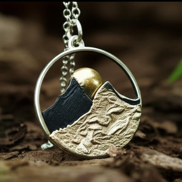Mountain and Sun Pendant Necklace | 925 Silver & 22K Gold Jewelry