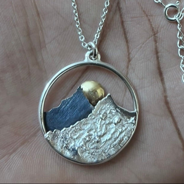 Mountain and Sun Pendant Necklace | 925 Silver & 22K Gold Jewelry