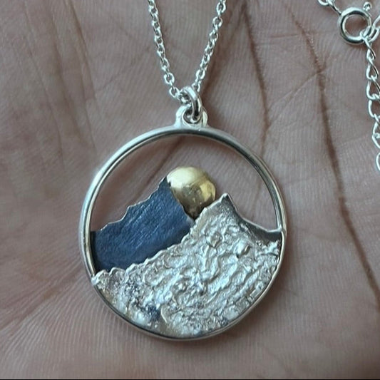 Mountain and Sun Pendant Necklace | 925 Silver & 22K Gold Jewelry